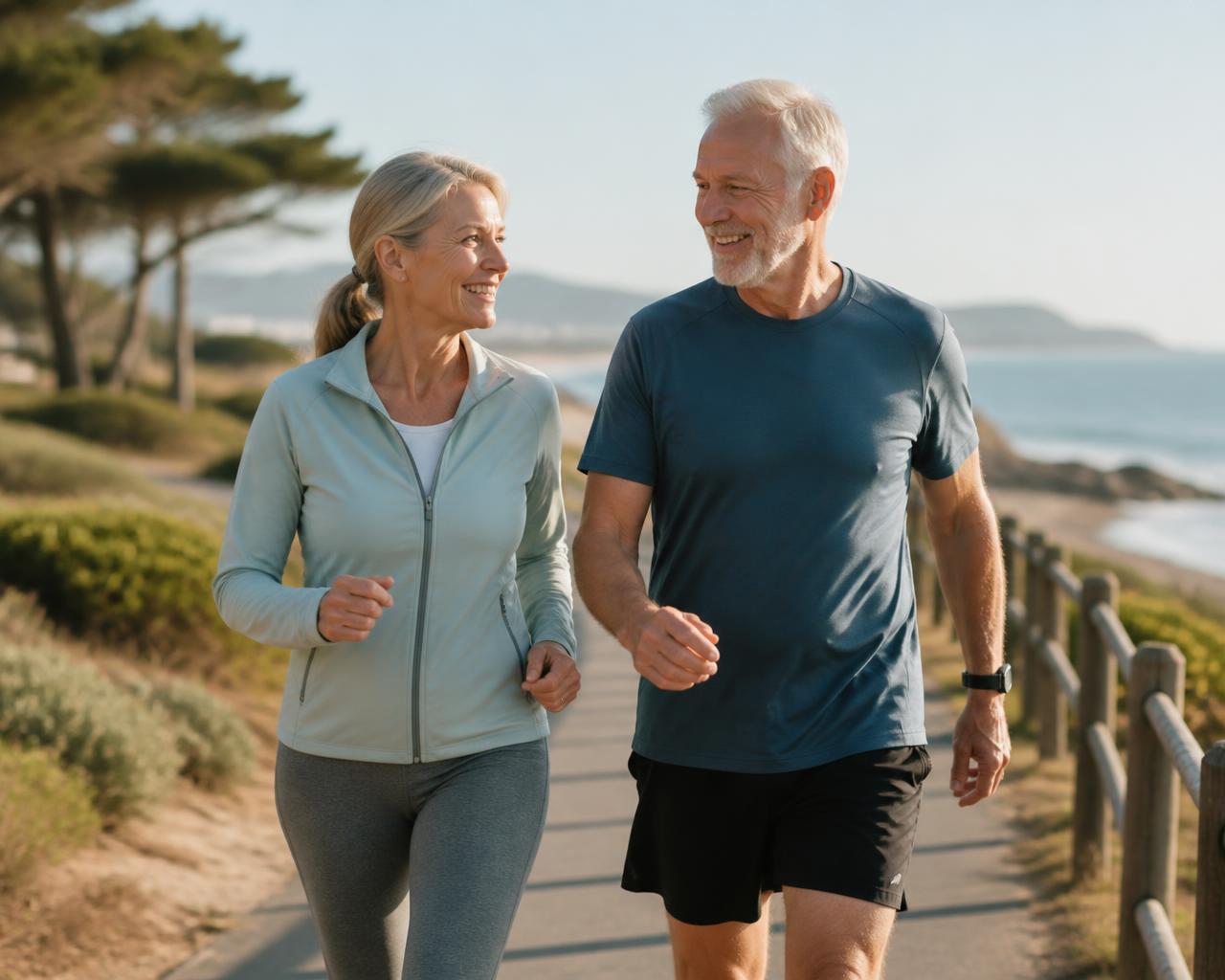 An active older couple walking together on a sunlit coastal path